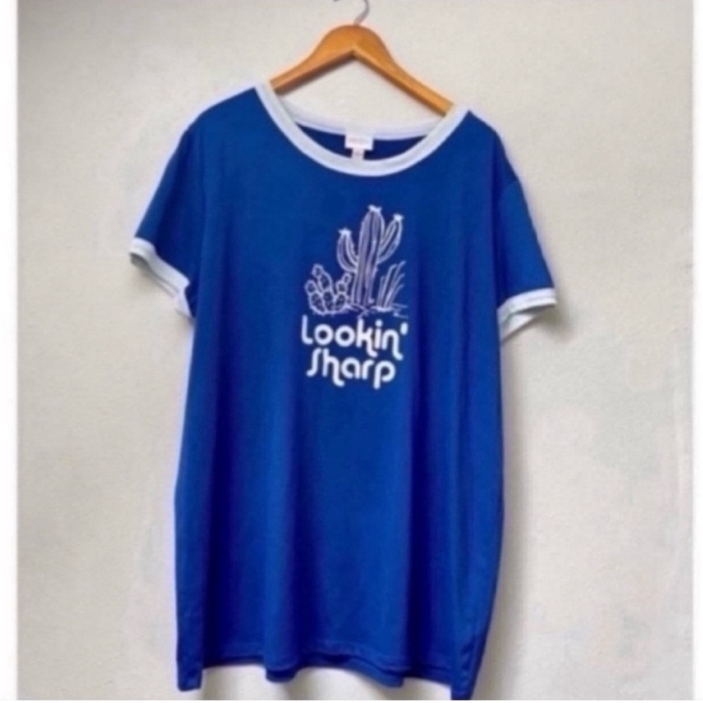 Plus Size LuLaRoe Liv Graphic Tee Blue White Cactus